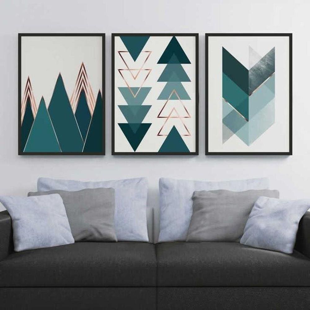 Kit 3 Quadros Decorativos Com Molduras Montanhas Geo Verde