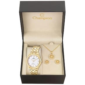 Kit 3 peças relógio champion com cristais dourado cn28991w