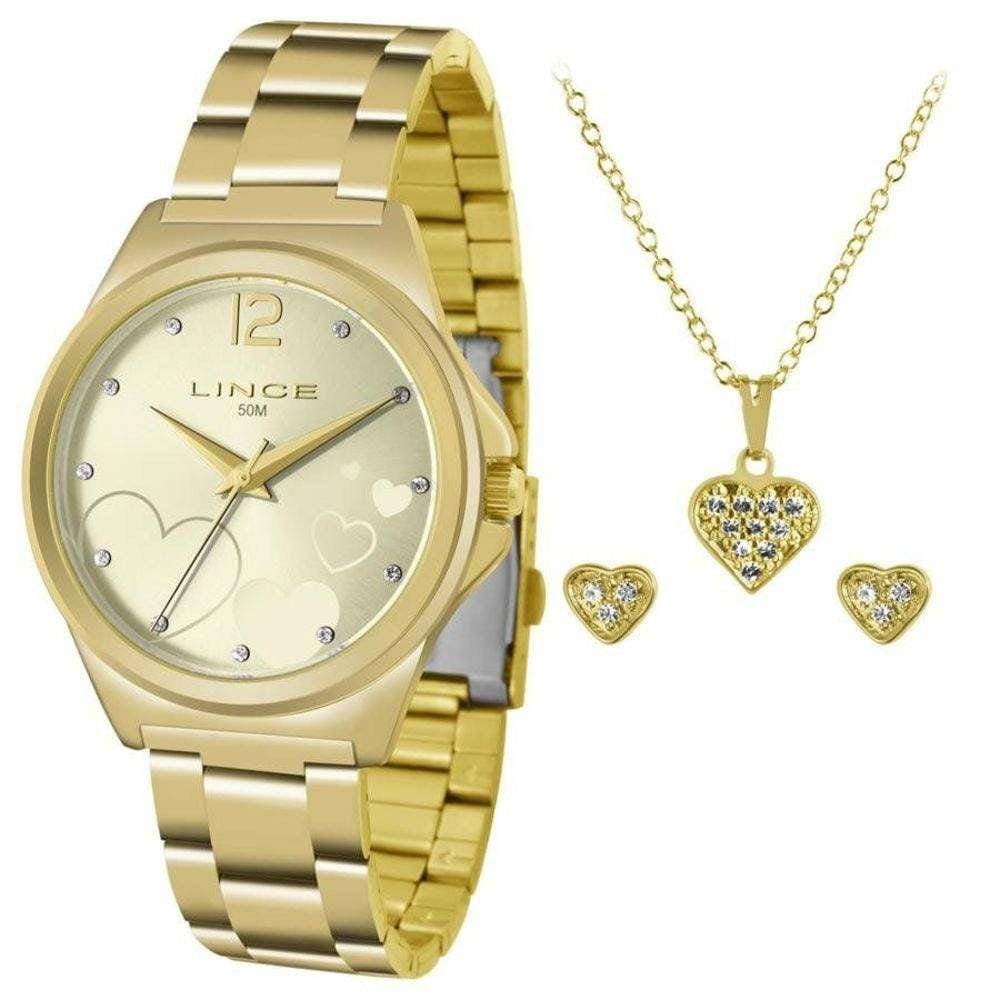 Relógio Lince Feminino Lrg4560l dourado e brinco
