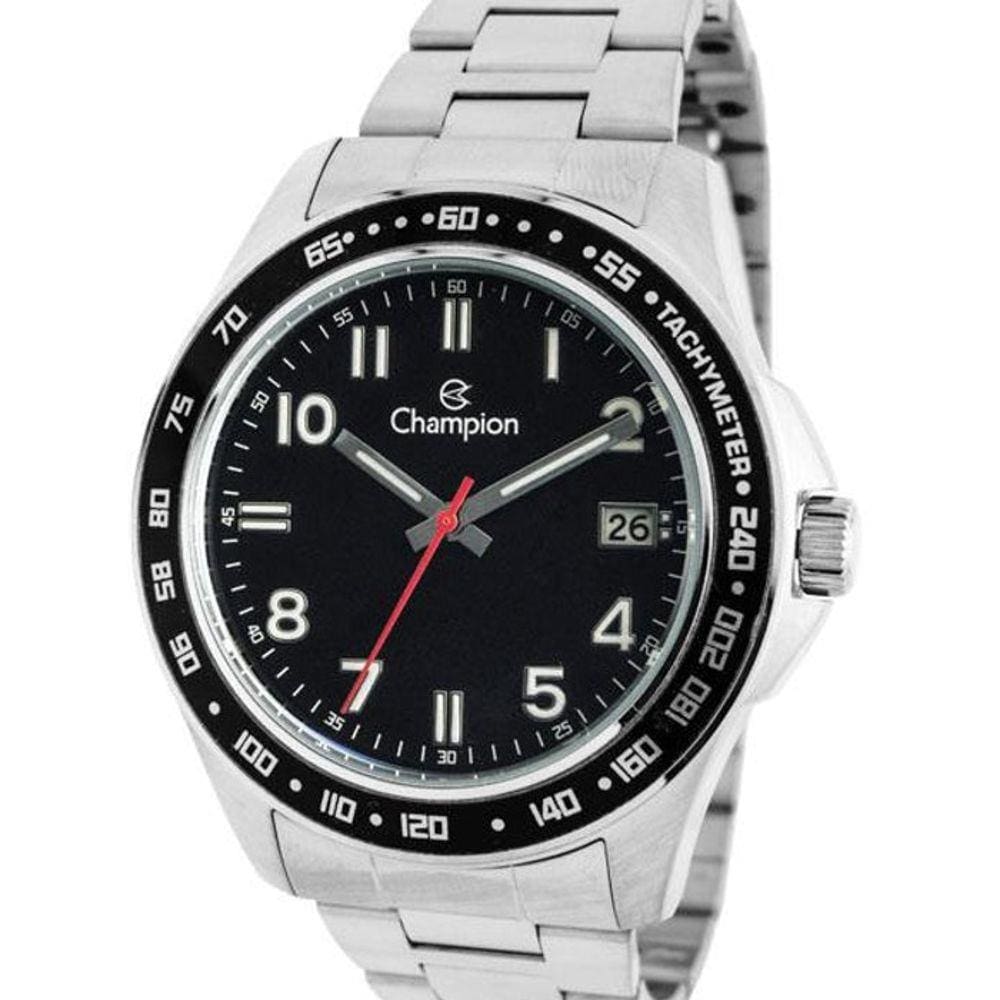 Relógio Masculino Champion Prata Em Aço Ca31328T Fundo Preto