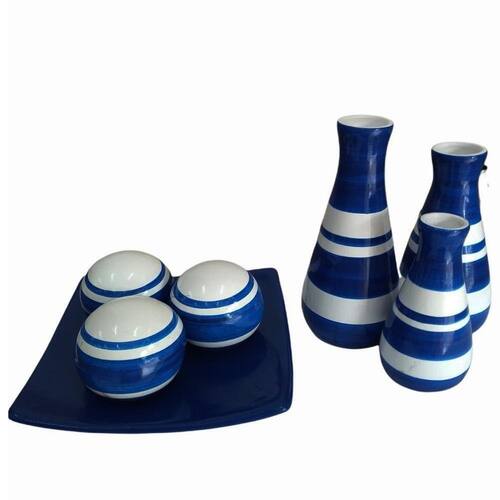 Kit Centro Mesa Decorativo Enfeite Sala Ceramica Azul/Branco