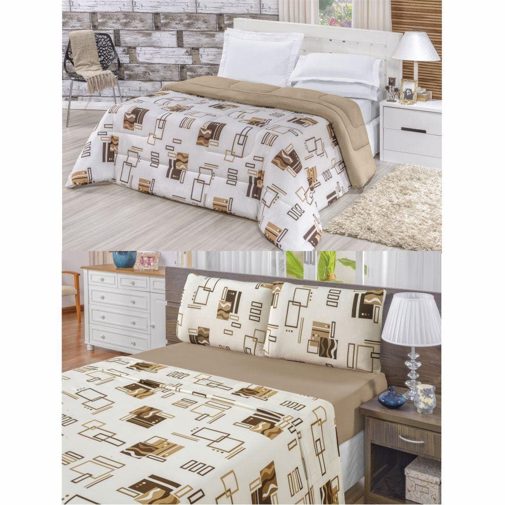 Kit Edredom Malha 100% Algodão King Dupla Face 7 Peças + Lençol - Avelã