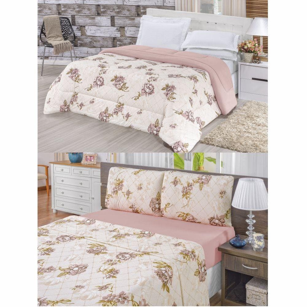 Kit Edredom Malha 100% Algodão Queen Dupla Face 7 Peças + Lençol - Rosê