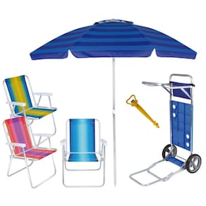 Kit Praia Carrinho Com Avanço + 3 Cadeira Alumínio Alta + Guarda Sol 2m + Saca Areia - Mor