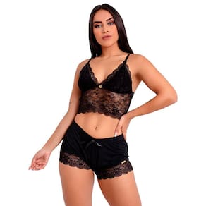 Pijama Short Doll Baby Doll IMI Lingerie Cropped Microfibra Renda Tóquio Preto