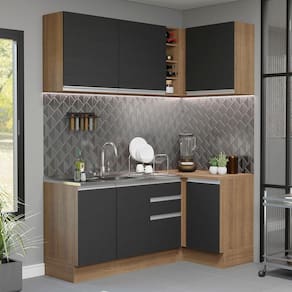 Cozinha Completa de Canto Madesa Glamy 269001 com Armário e Balcão (Sem Tampo e Pia) - Rustic/Preto