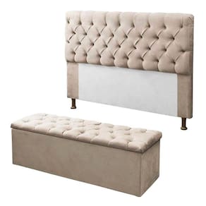 Kit Cabeceira Sofia Box King 195 Cm + Recamier Baú Sapateira Retangular Montanaris Decor Suede Bege