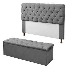 Kit Cabeceira Sofia Box Casal 140 Cm + Recamier Baú Sapateira Retangular Montanaris Decor Suede Cinza Escuro