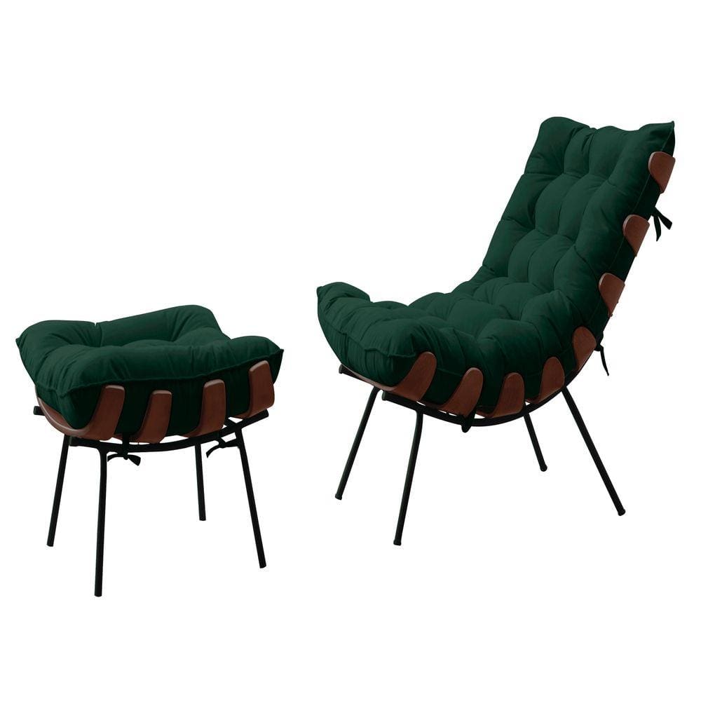 Poltrona Costela Adão Madeira Puff Estrutura Preto Para Sala Moderna Decorativa Veludo Verde