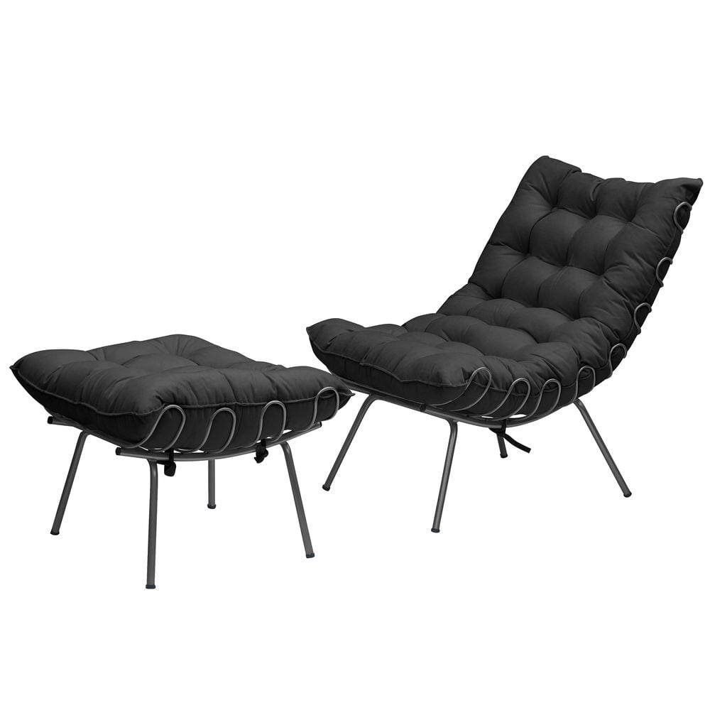 Poltrona Costela Adão Ferro Puff Estrutura Preto Para Sala Moderna Decorativa Veludo Preto