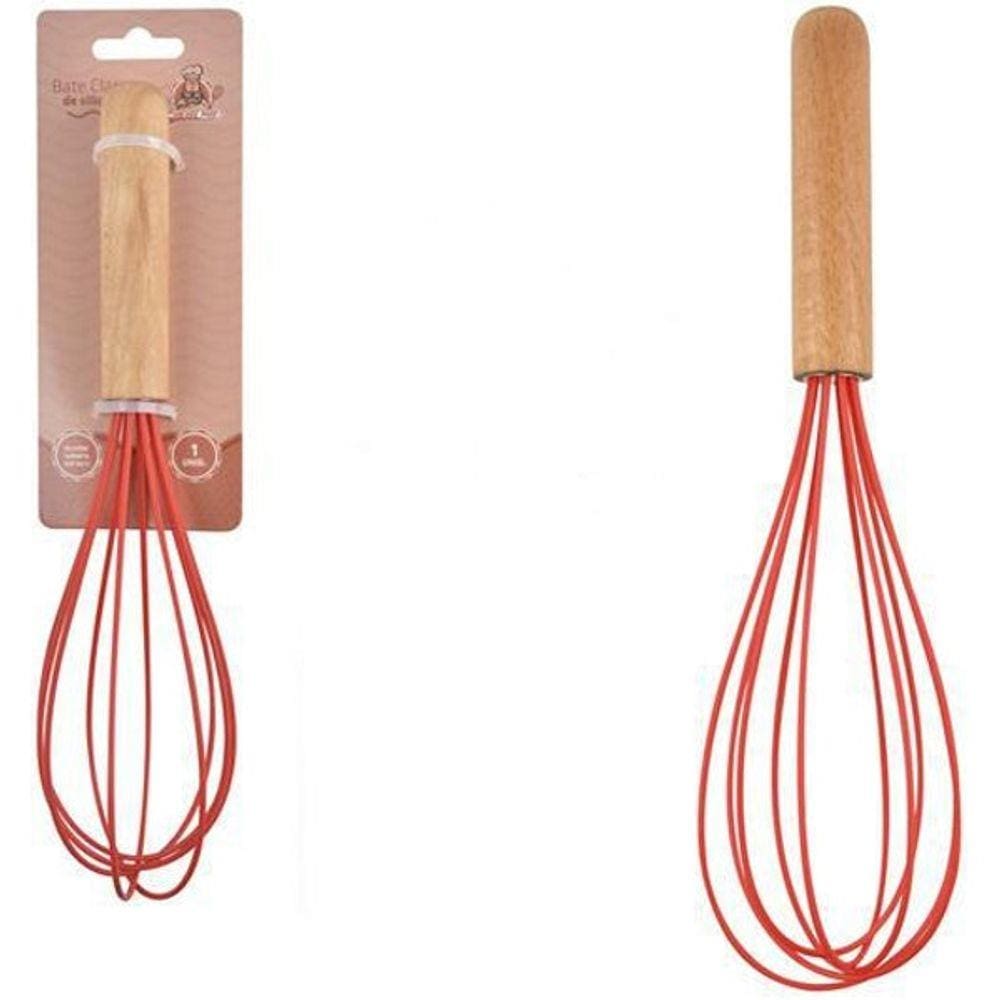 Fue Fouet Batedor de Clara Vermelho em Silicone Cabo Madeira