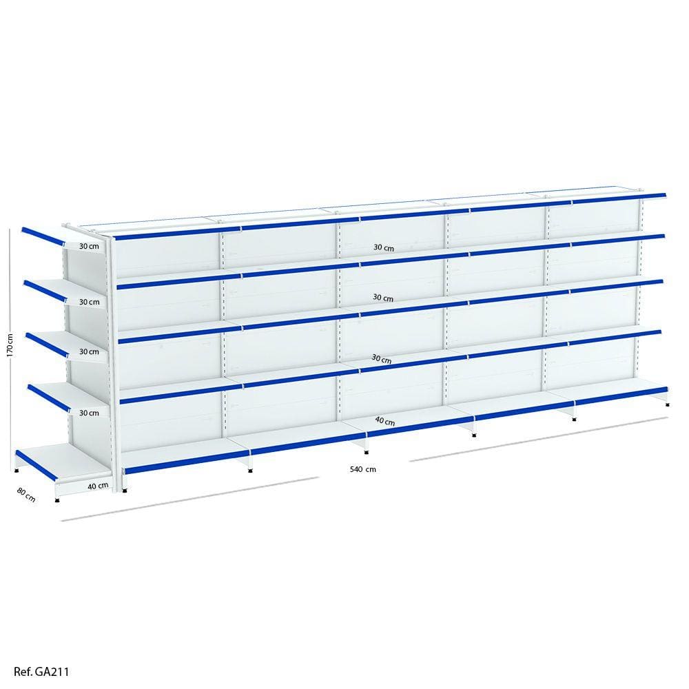 Kit Gôndola de Centro Modular 5mts + 1 ponta - 1,70 x 5,00 x 0,80