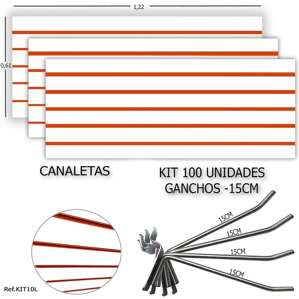 3 PAINEIS CANALETADOS 1,22 x 0,61+ 100 GANCHOS 15CM + CANALETA LARANJA