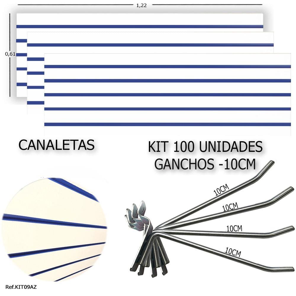 3 PAINEIS CANALETADOS 1,22 x 0,61+ 100 GANCHOS 10CM + CANALETA AZUL