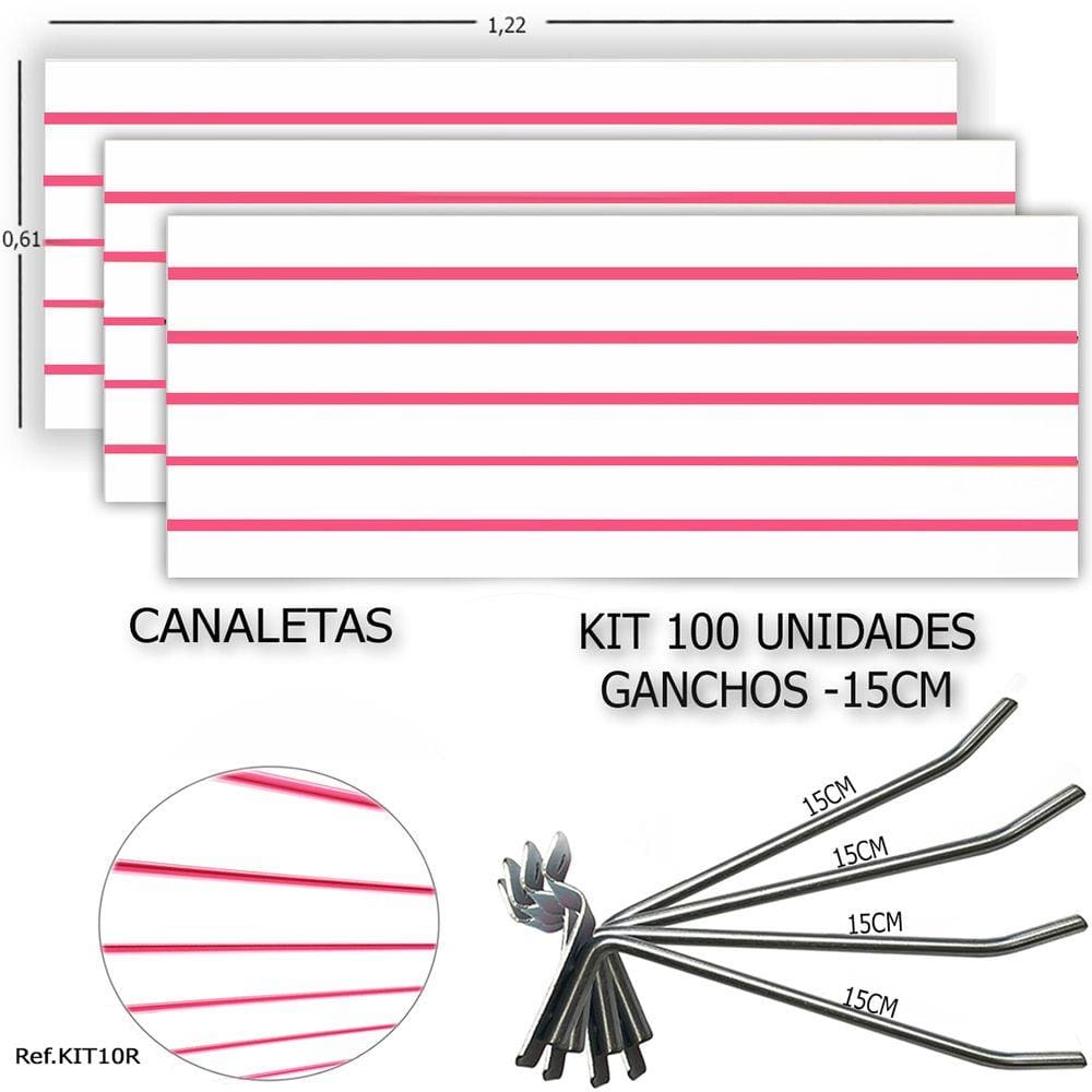 3 PAINEIS CANALETADOS 1,22 x 0,61+ 100 GANCHOS 15CM + CANALETA ROSA
