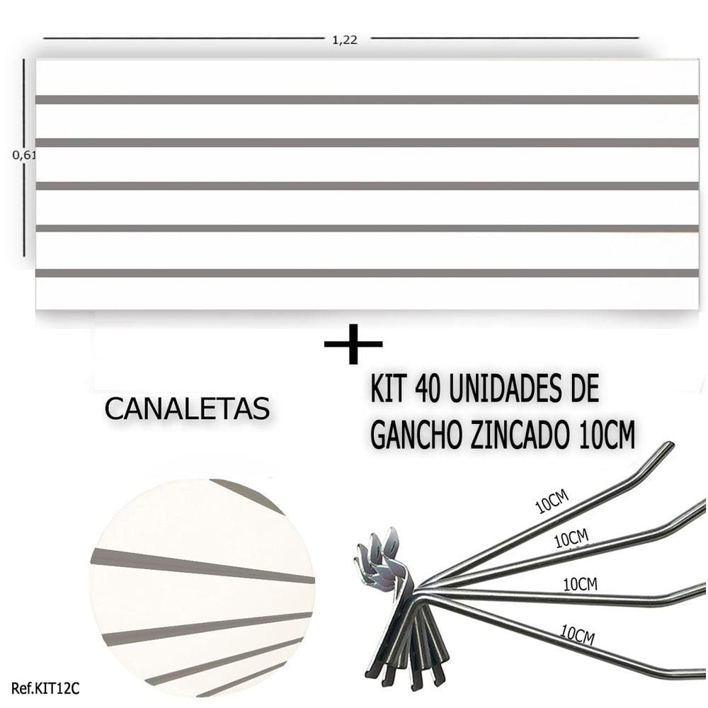 PAINEL CANALETADO 1,22 x 0,61+ 40 GANCHOS 10CM + CANALETA CINZA