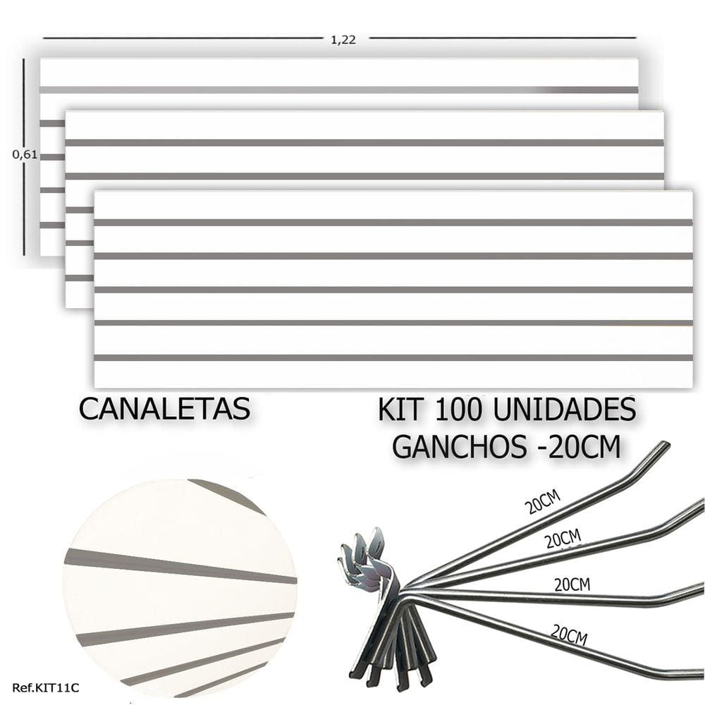 3 PAINEIS CANALETADOS 1,22 x 0,61+ 100 GANCHOS 20CM + CANALETA CINZA
