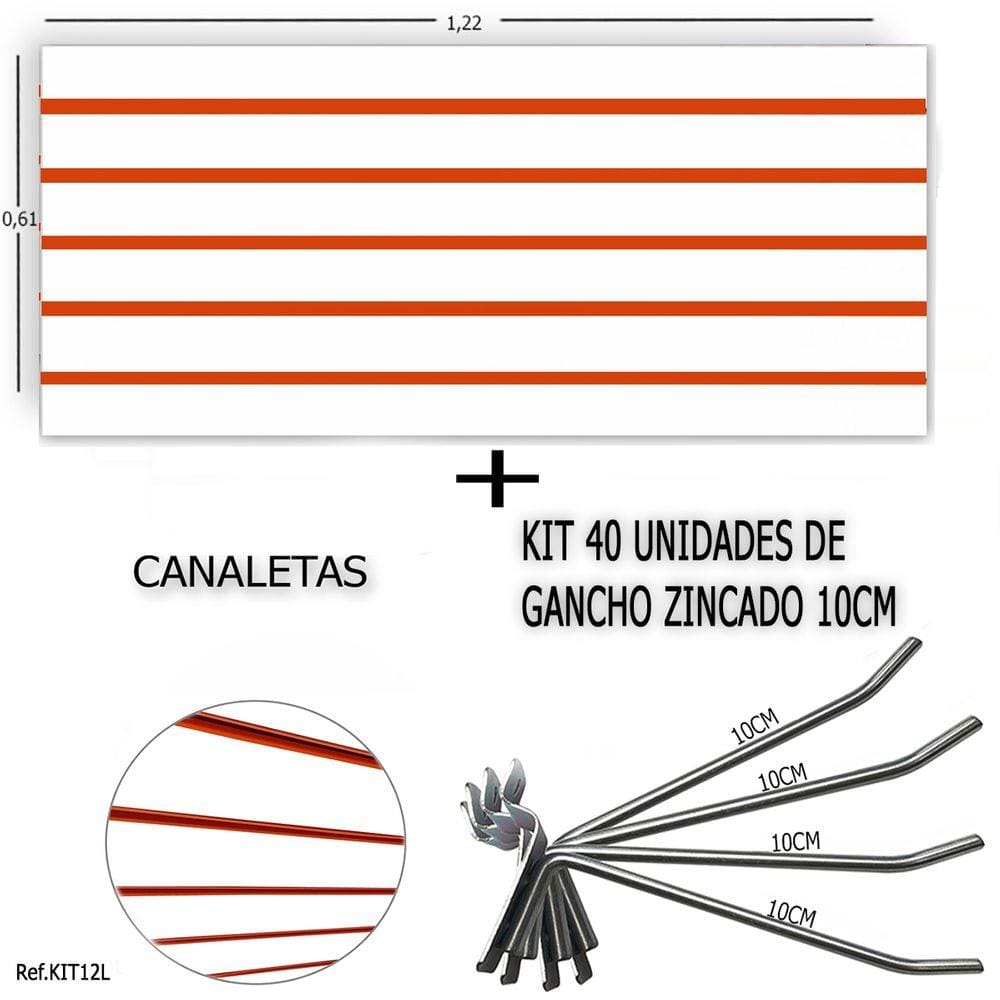PAINEL CANALETADO 1,22 x 0,61+ 40 GANCHOS 10CM + CANALETA LARANJA