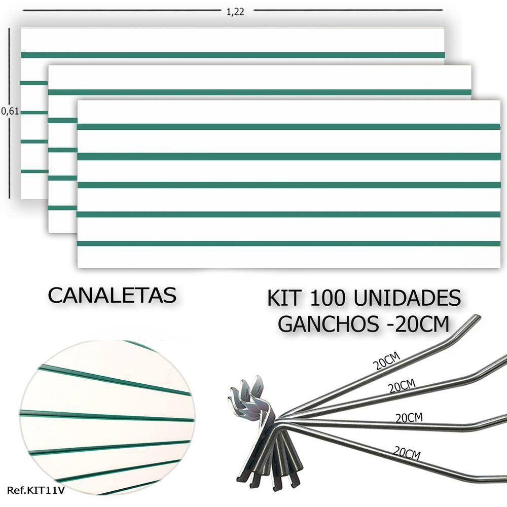 3 PAINEIS CANALETADOS 1,22 x 0,61+ 100 GANCHOS 20CM + CANALETA VERDE