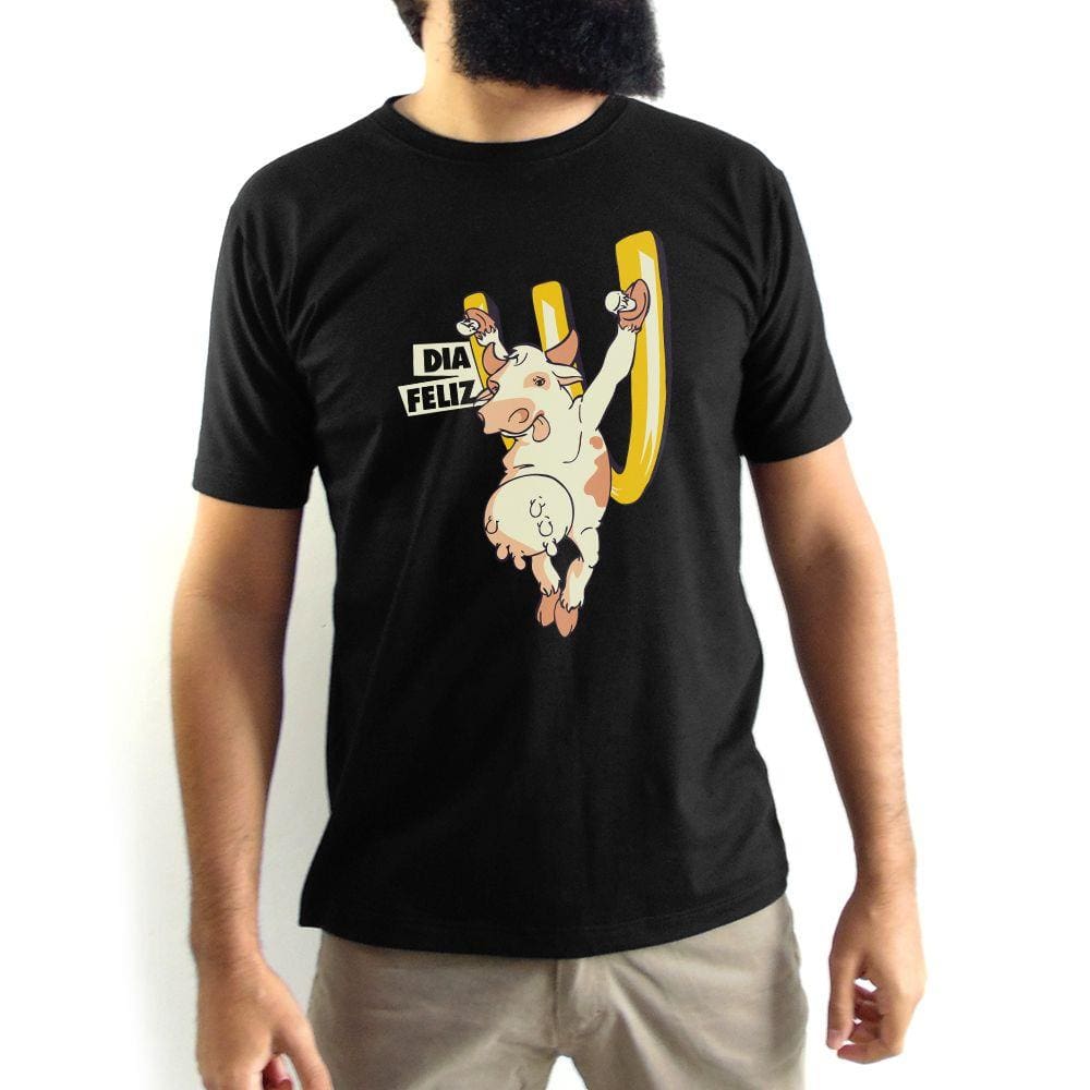 Camiseta Masculina Vaca Dia Feliz Preta