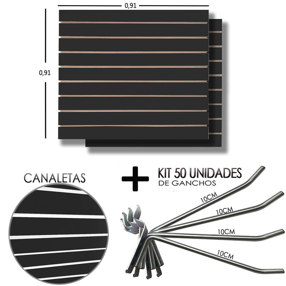 2 Paineis Canaletado Preto - 0,91 x 0,91 + 50 Gancho 10cm + Canaletas Brancas