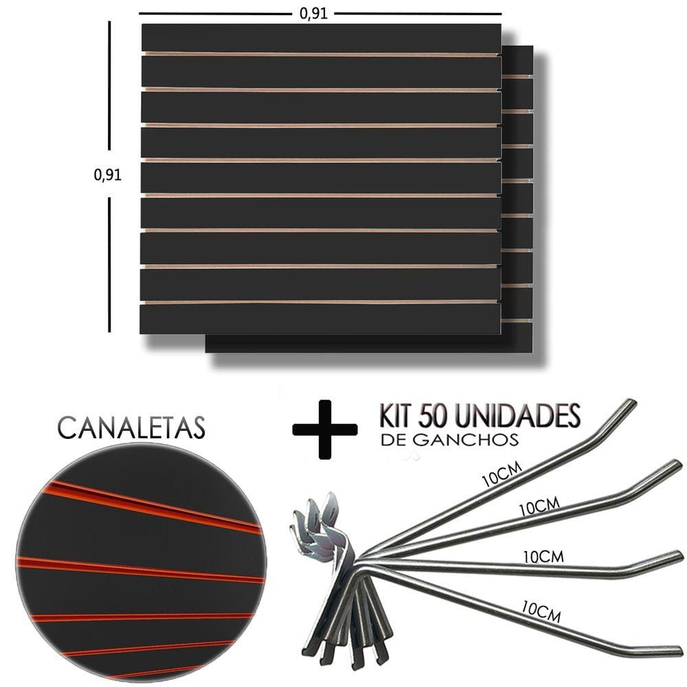 2 Paineis Canaletado Preto - 0,91 x 0,91 + 50 Gancho 10cm + Canaletas LARANJA