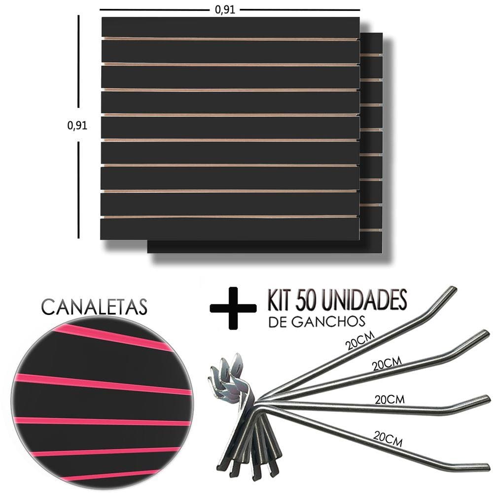 2 Paineis Canaletado Preto - 0,91 x 0,91 + 50 Gancho 15cm + Canaletas Rosa