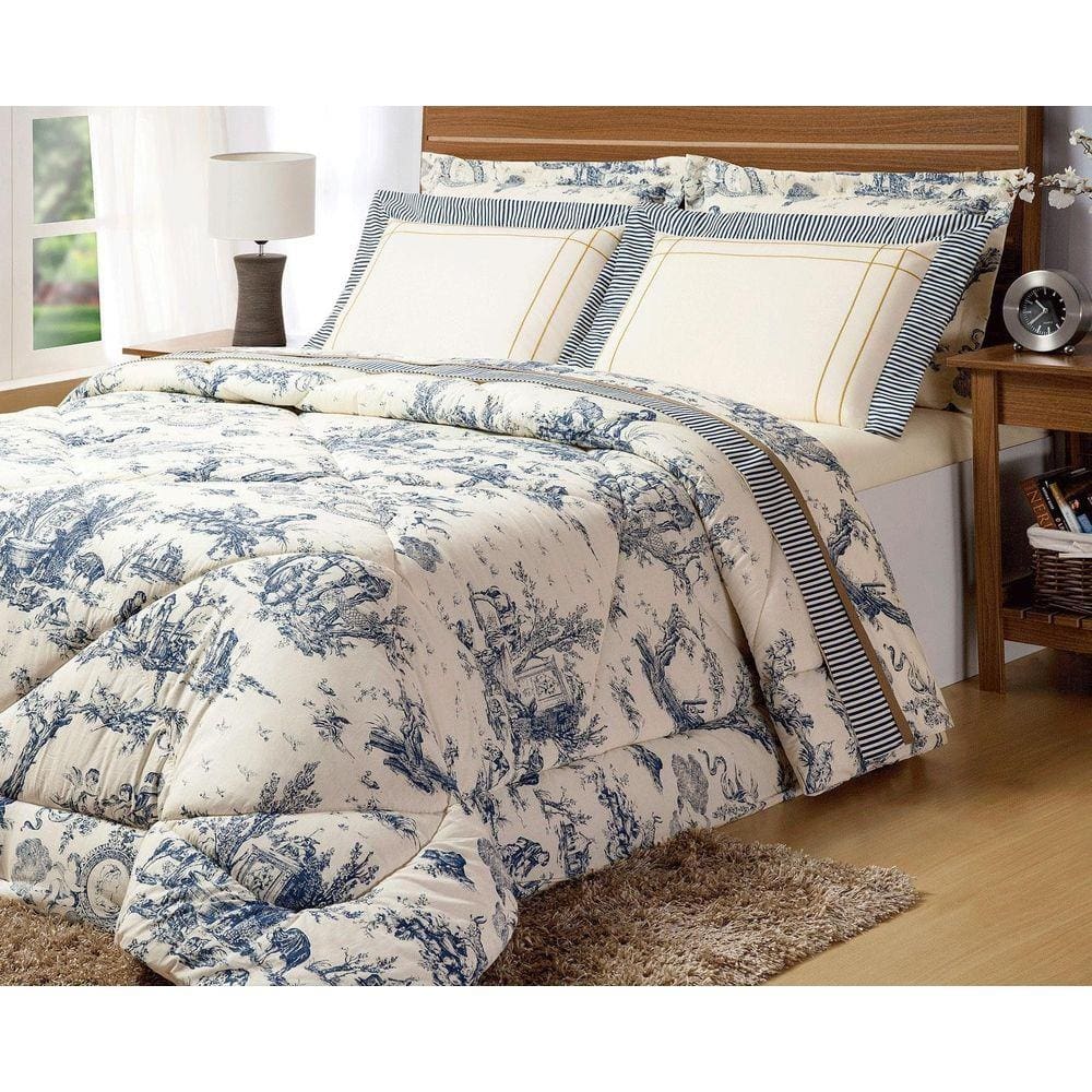 Jogo De Cama Queen Porcelana 180 Fios Palha E Azul 4 Peças