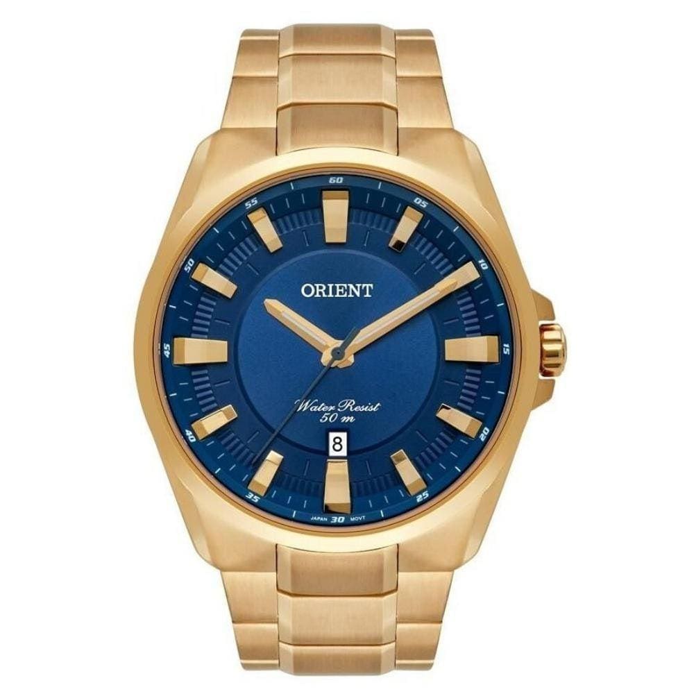Relogio Masculino Dourado Fundo Azul Orient +Nf