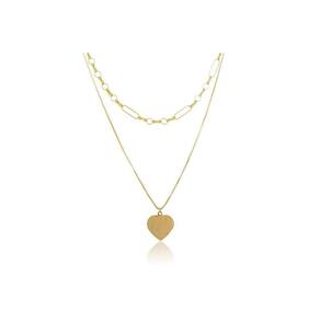 Colar Duplo Folheado Em Ouro 18K Com Coração