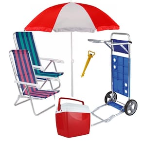 Kit Praia Carrinho Com Avanço + 2 Cadeira Reclinável + Guarda Sol + Caixa Térmica + Saca Areia - Mor