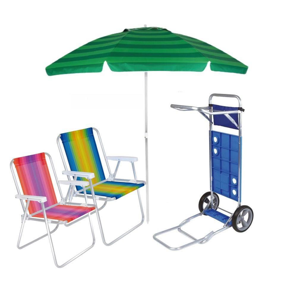 Kit Praia Carrinho Com Avanço + 2 Cadeira Alta Aluminio + Guarda Sol 2,4m - Mor