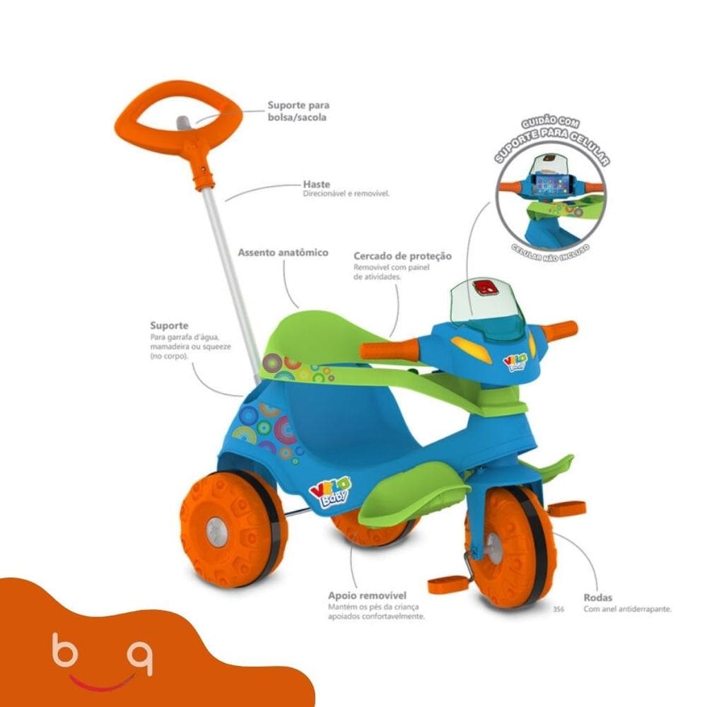 Triciclo Velobaby Azul G2 Passeio Pedal Suporte Para Celular