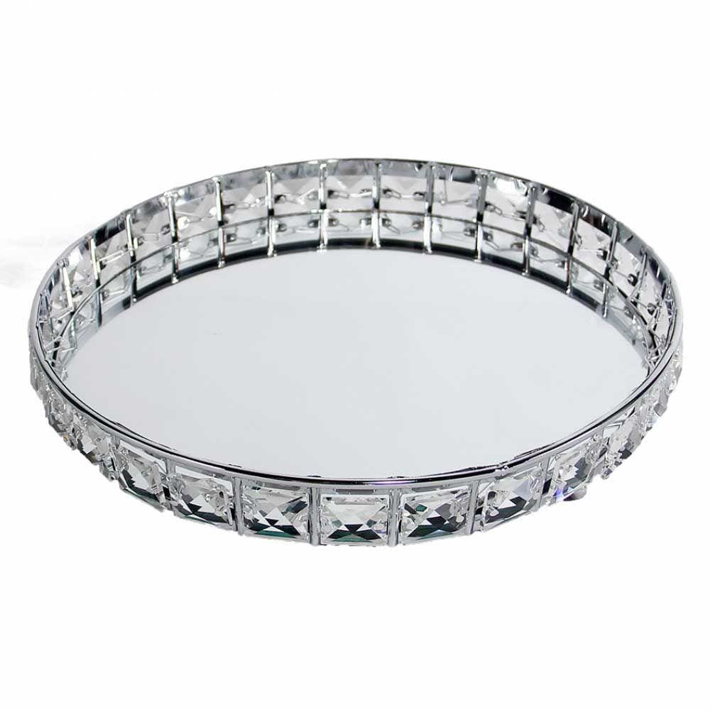 Bandeja Decorativa Redonda Prata Cristal com Espelho 26cm KV0253 BTC