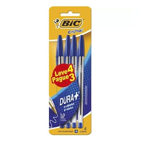 Caneta Bic Cristal Azul Dura+ com 4 Unidades