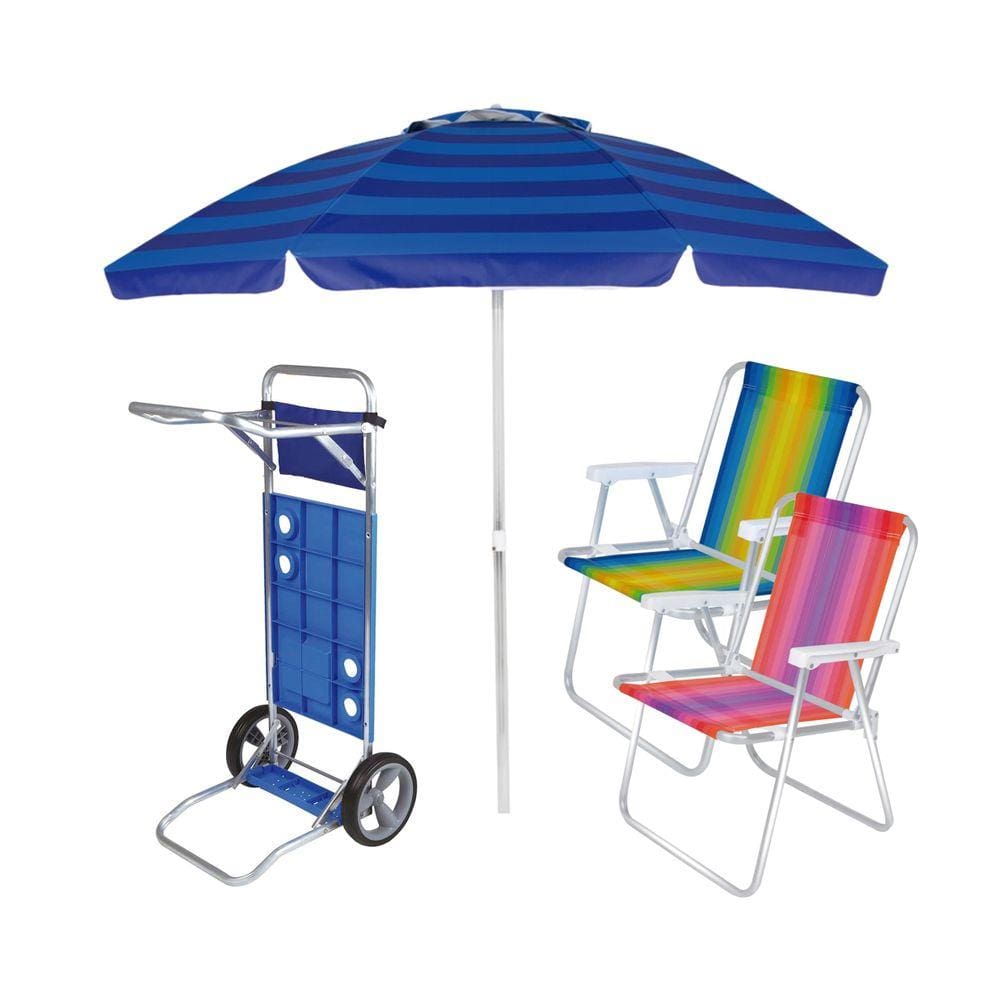 Kit Praia Carrinho De Praia + 2 Cadeira Alta Alumínio + Guarda Sol 2,4m Articulado - Mor
