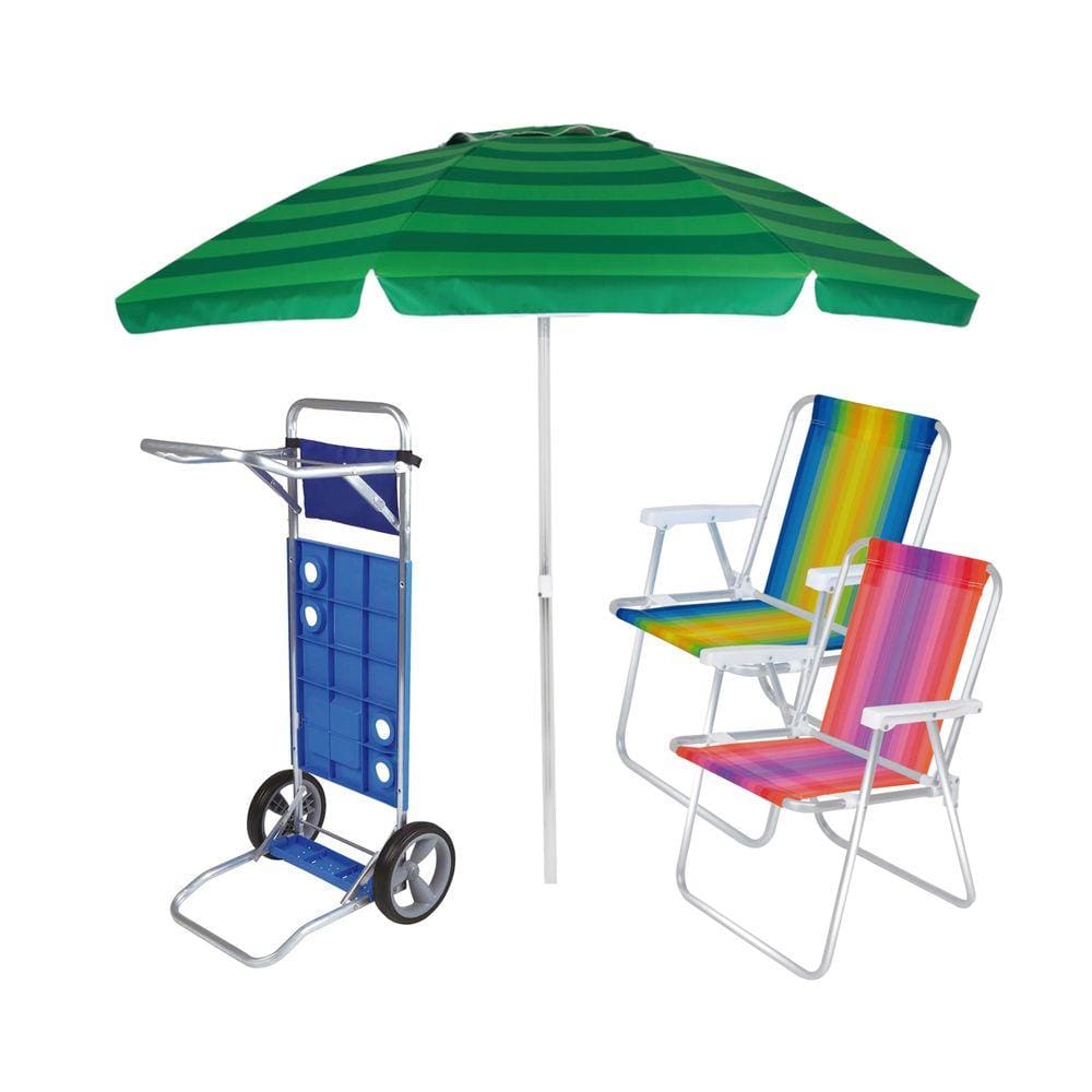 Kit Praia Carrinho De Praia + 2 Cadeira Alta Alumínio + Guarda Sol 2,4m Articulado - Mor