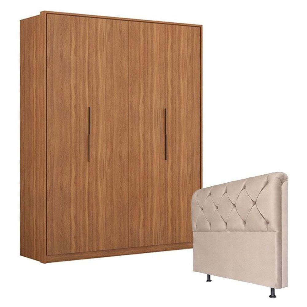 Guarda Roupa Attore 4 Portas Amêndola com Cabeceira Daiana 160 cm Marfim - Demartêz