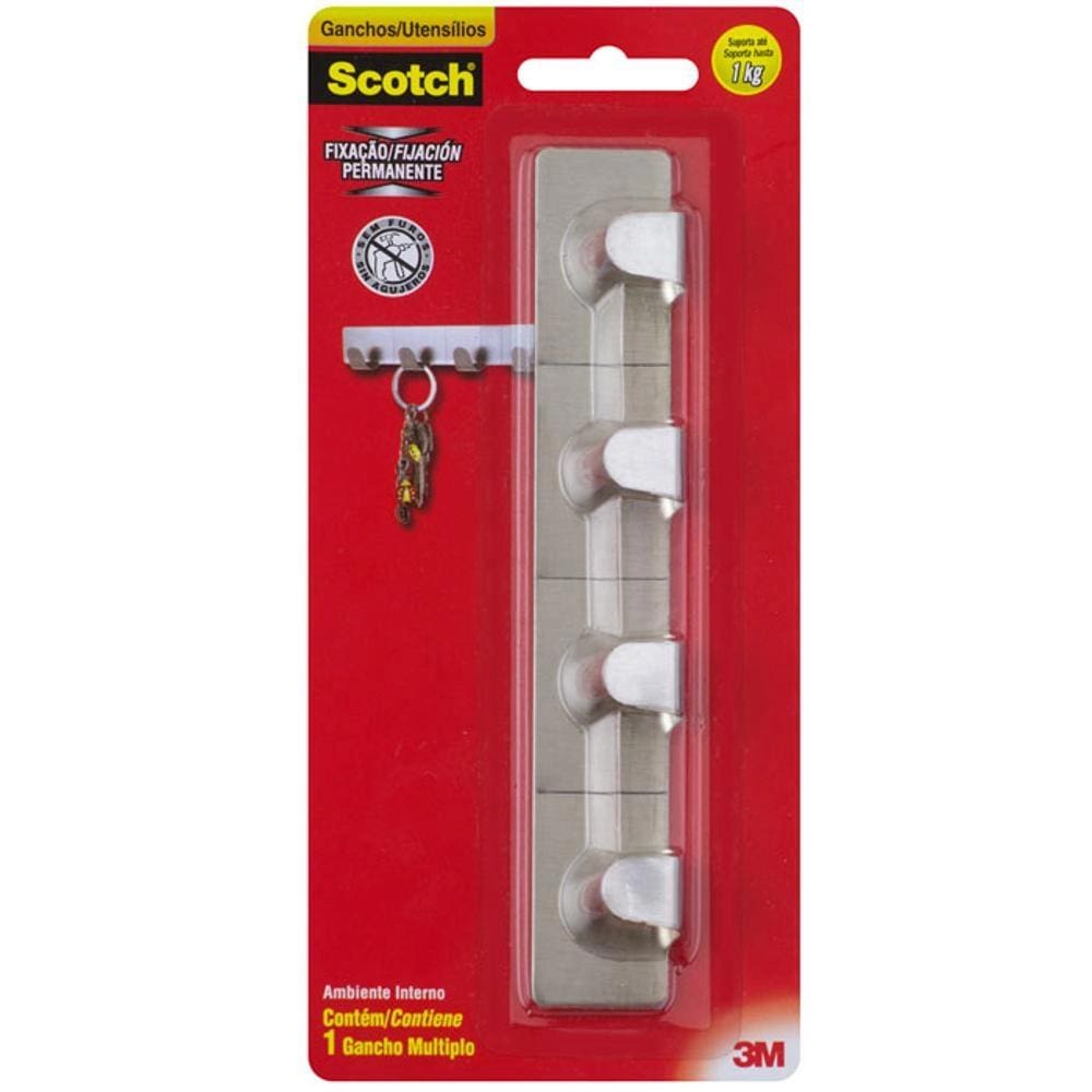 Kit 3 Gancho Múltiplo Metálico Scotch Fixação Permanente Para Utensílios Até 1kg 3m