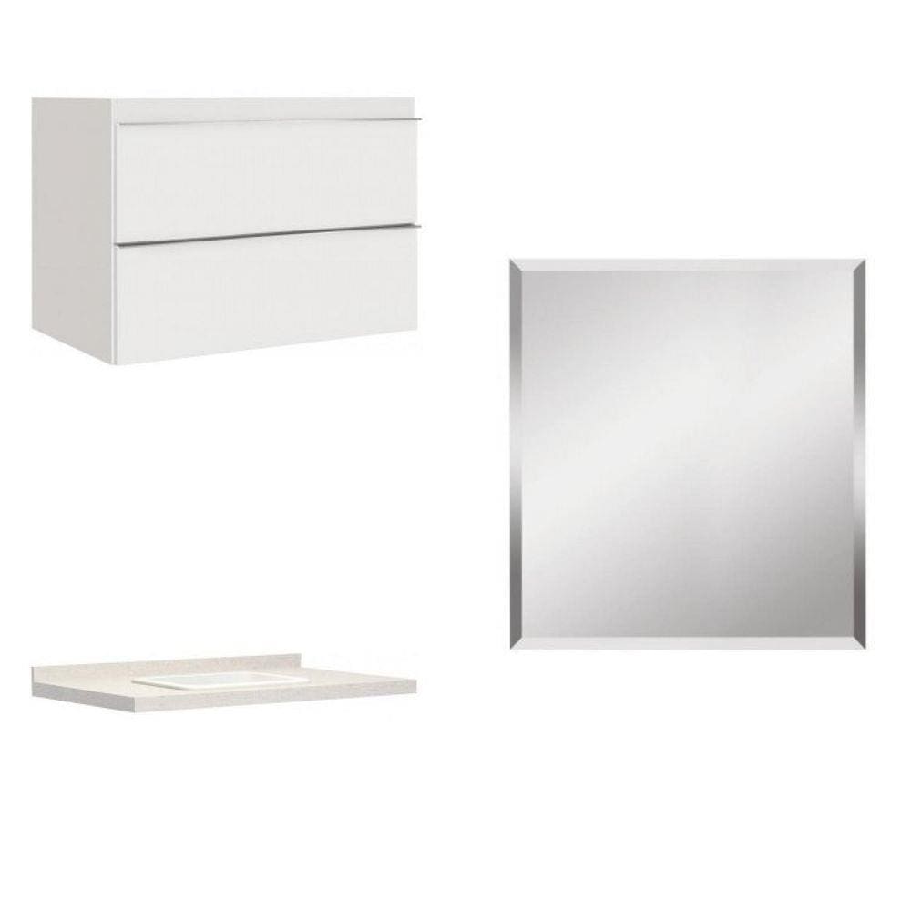 Conjunto para Banheiro com Espelho, Gabinete e Lavatório em Porcelanato com Cuba Embutida Bumi Branco