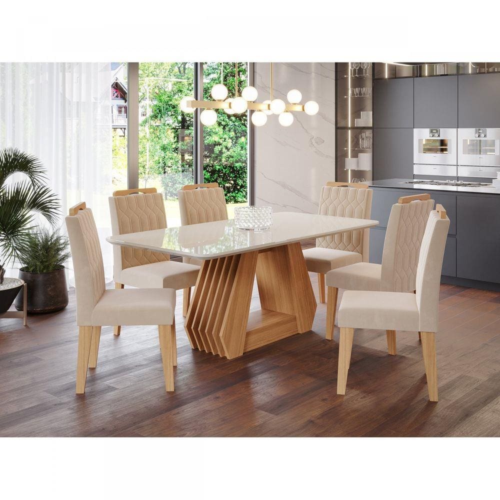 Conjunto Sala de Jantar Mesa Tampo Vidro/MDF Agata e 6 Cadeiras Paola Cimol Nature/Off White/Nude