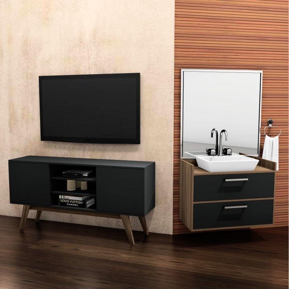 Conjunto para Sala de Estar com Rack para TV até 65 Polegadas e Gabinete Suspenso Estilare Preto/Marrom