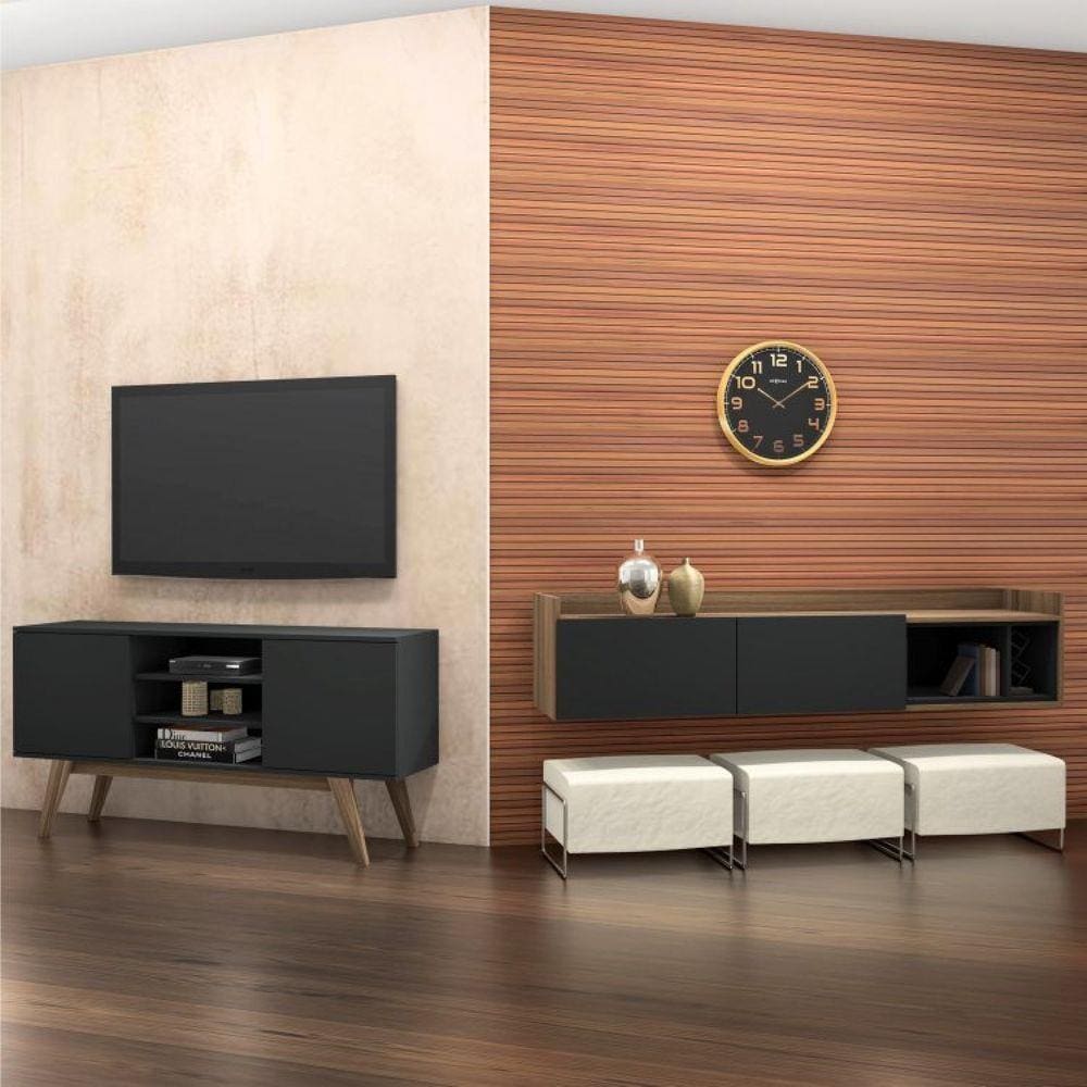 Conjunto para Sala de Estar com Rack para TV até 65 Polegadas e Rack Suspenso Estilare Preto/Marrom