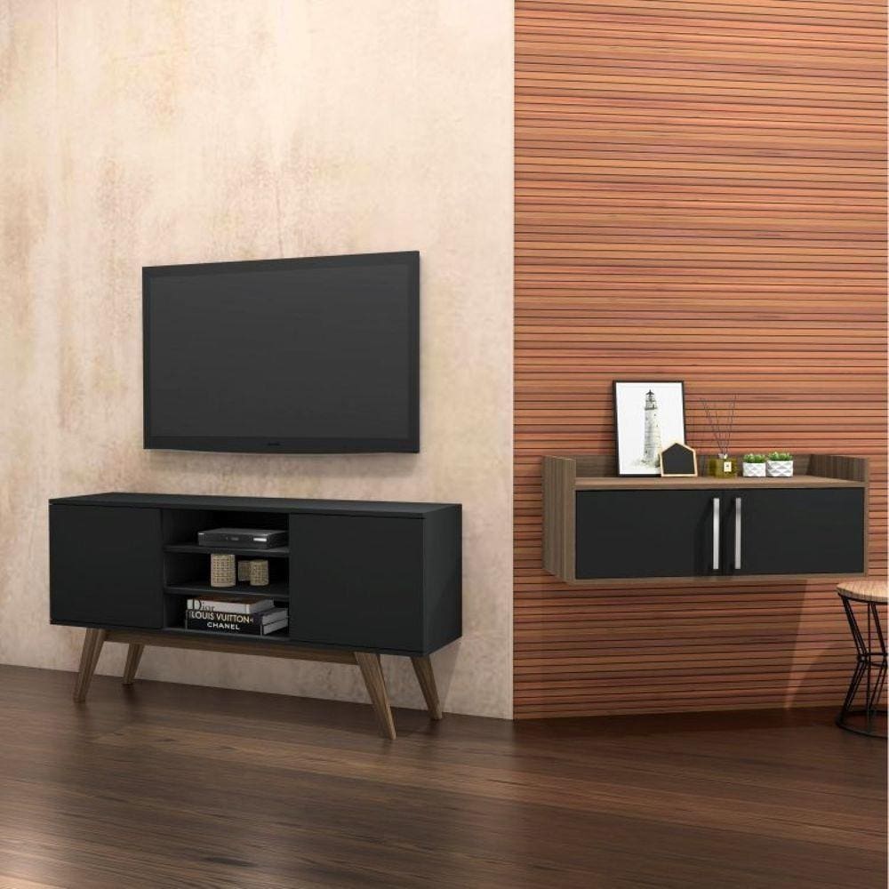 Conjunto para Sala de Estar com Rack para TV até 65 Polegadas e Gabinete Suspenso Estilare Preto/Marrom