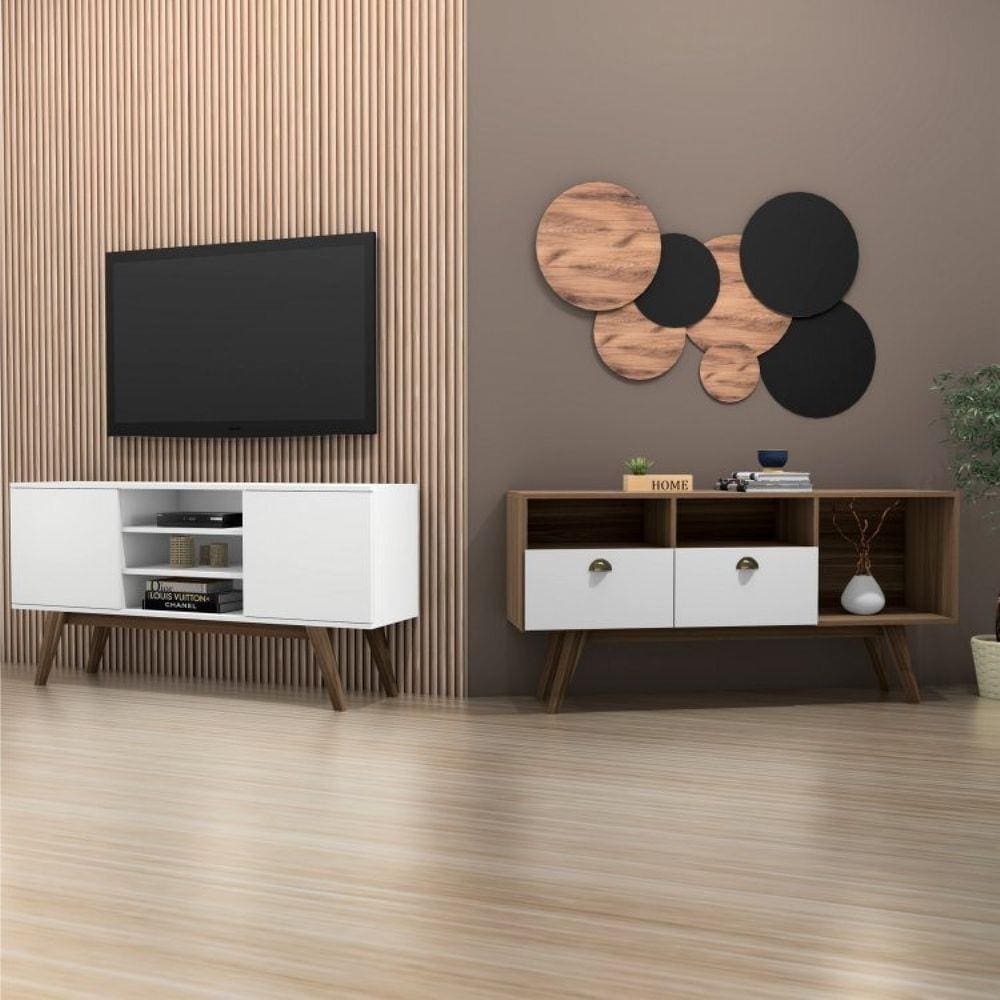 Conjunto para Sala de Estar 2 Rack para TV até 65 Polegadas com 2 Portas e 3 Nichos Estilare Branco/Marrom