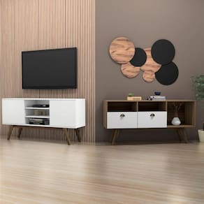 Conjunto para Sala de Estar 2 Rack para TV até 65 Polegadas com 2 Portas e 3 Nichos Estilare Branco/Marrom