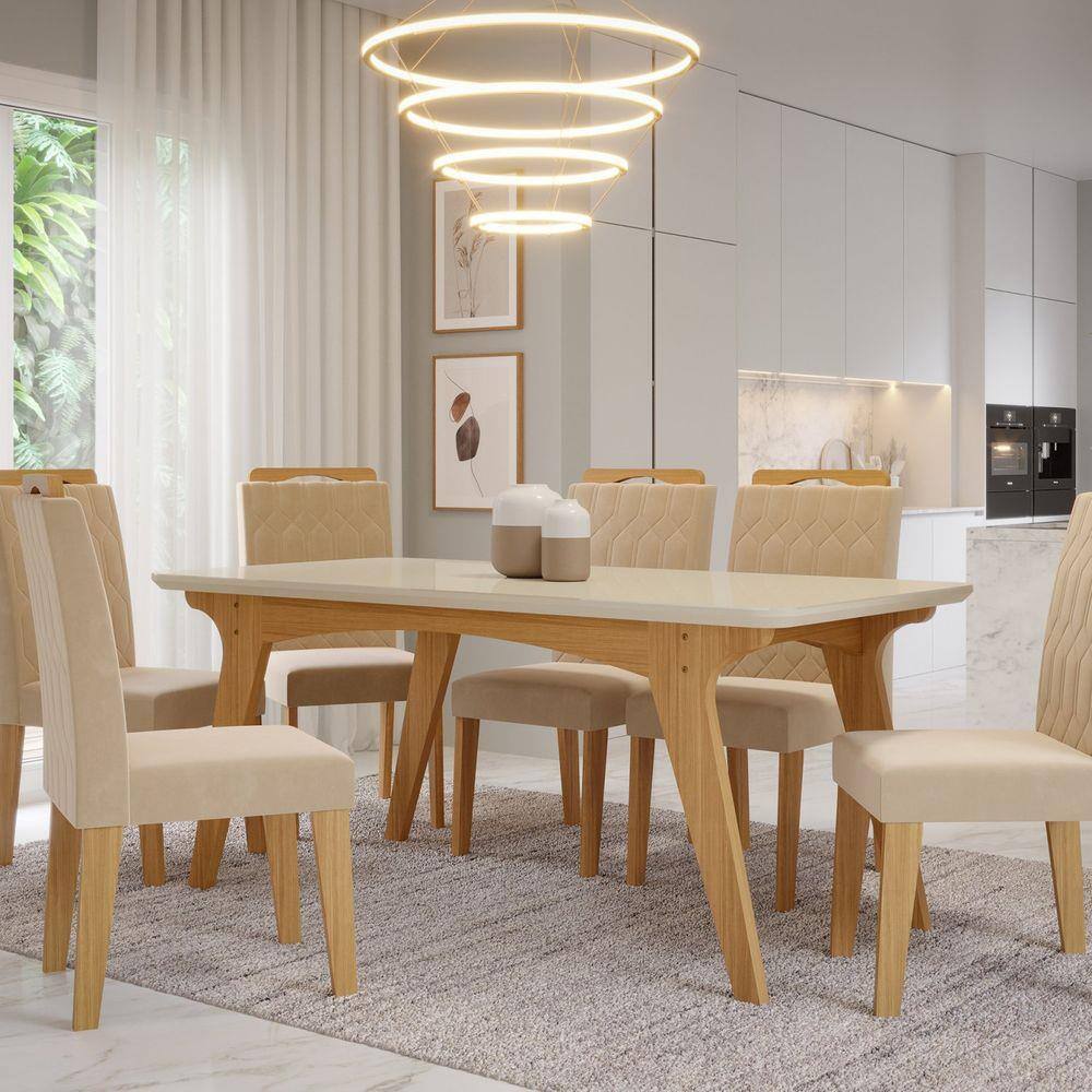 Conjunto Sala de jantar Mesa Bonnie com 6 Cadeiras Medalhão Palha - Wood  Prime 38716