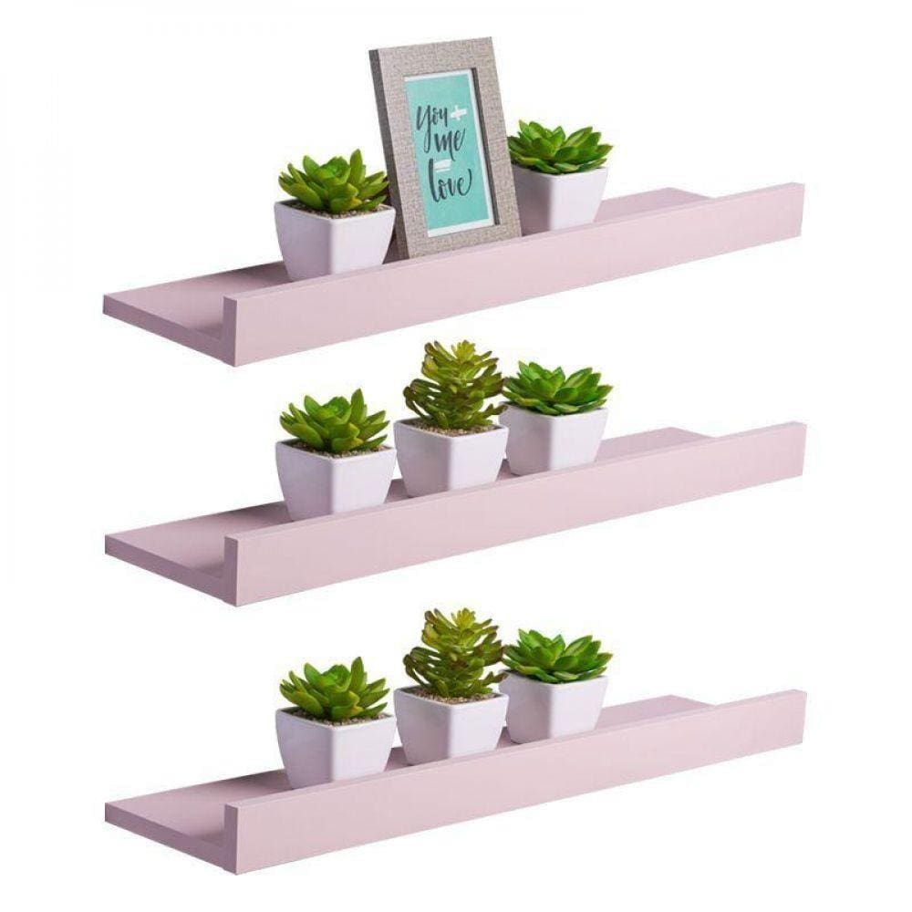 Kit 3 Prateleiras Porta Quadros 90 x 15cm Rosa Claro Invisível