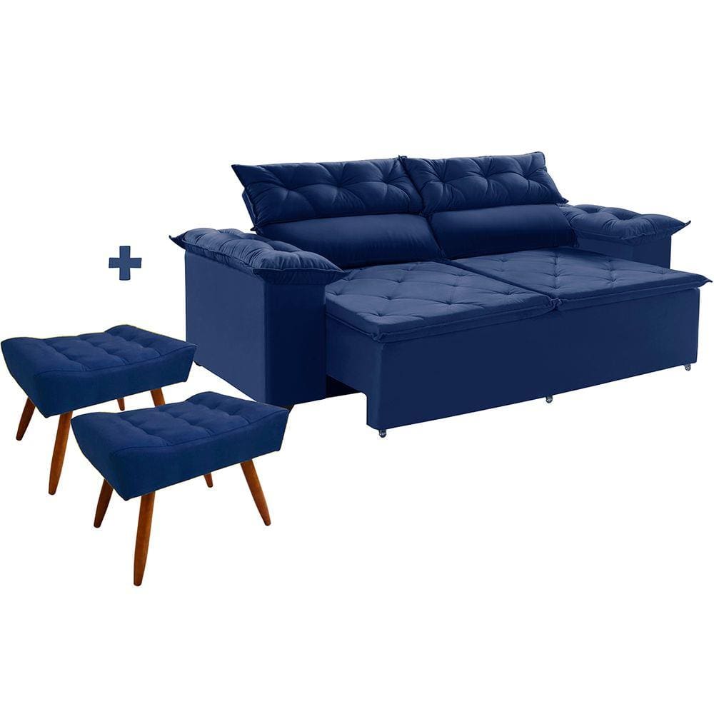 Conjunto sofá Compact 200 cm Molas Espirais retrátil reclinável com 2 Puffs Azul Ws Estofados