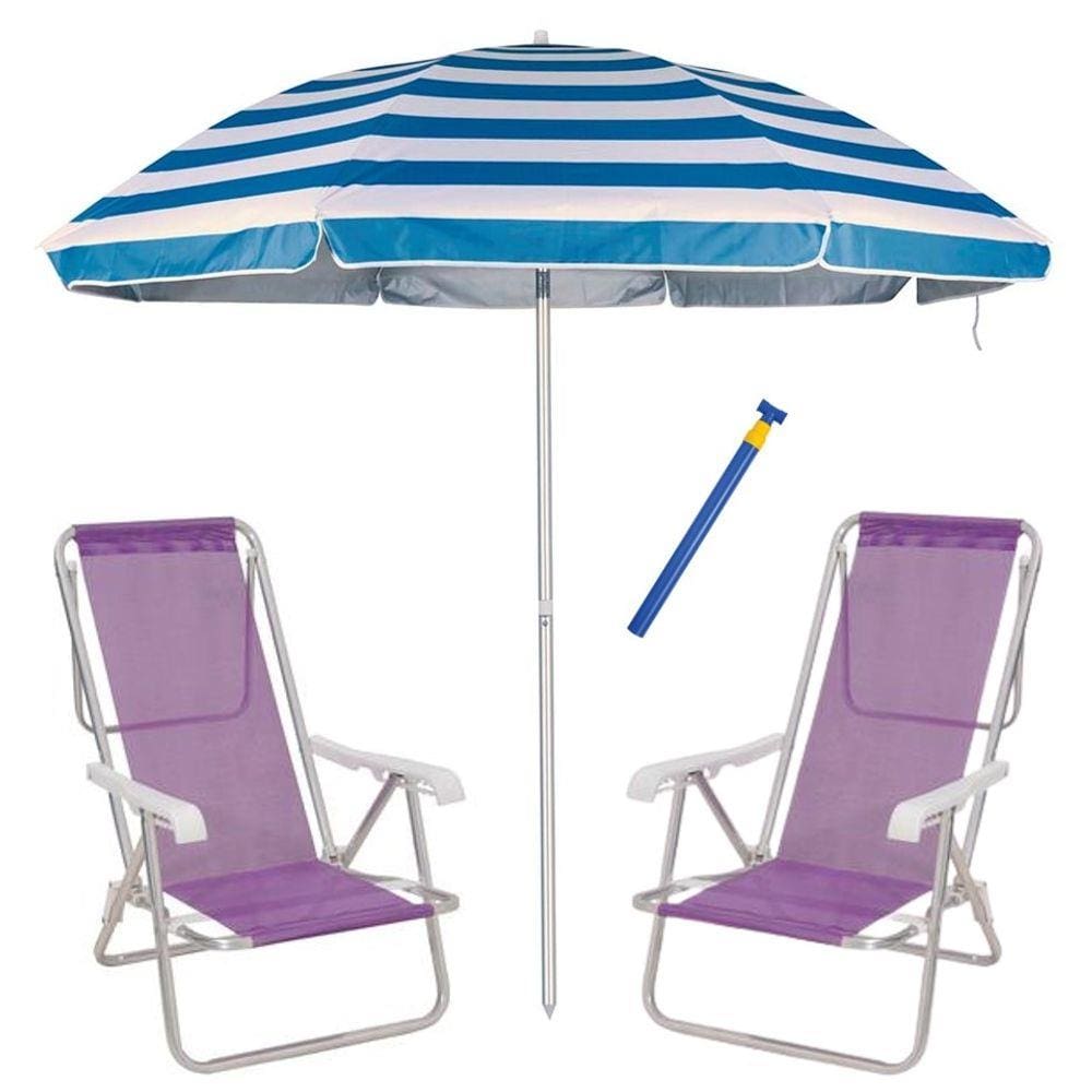 Kit Praia 2 Cadeira Reclinável 8 Pos Sannet Alum + Guarda Sol 2,6m + Saca Areia - Mor
